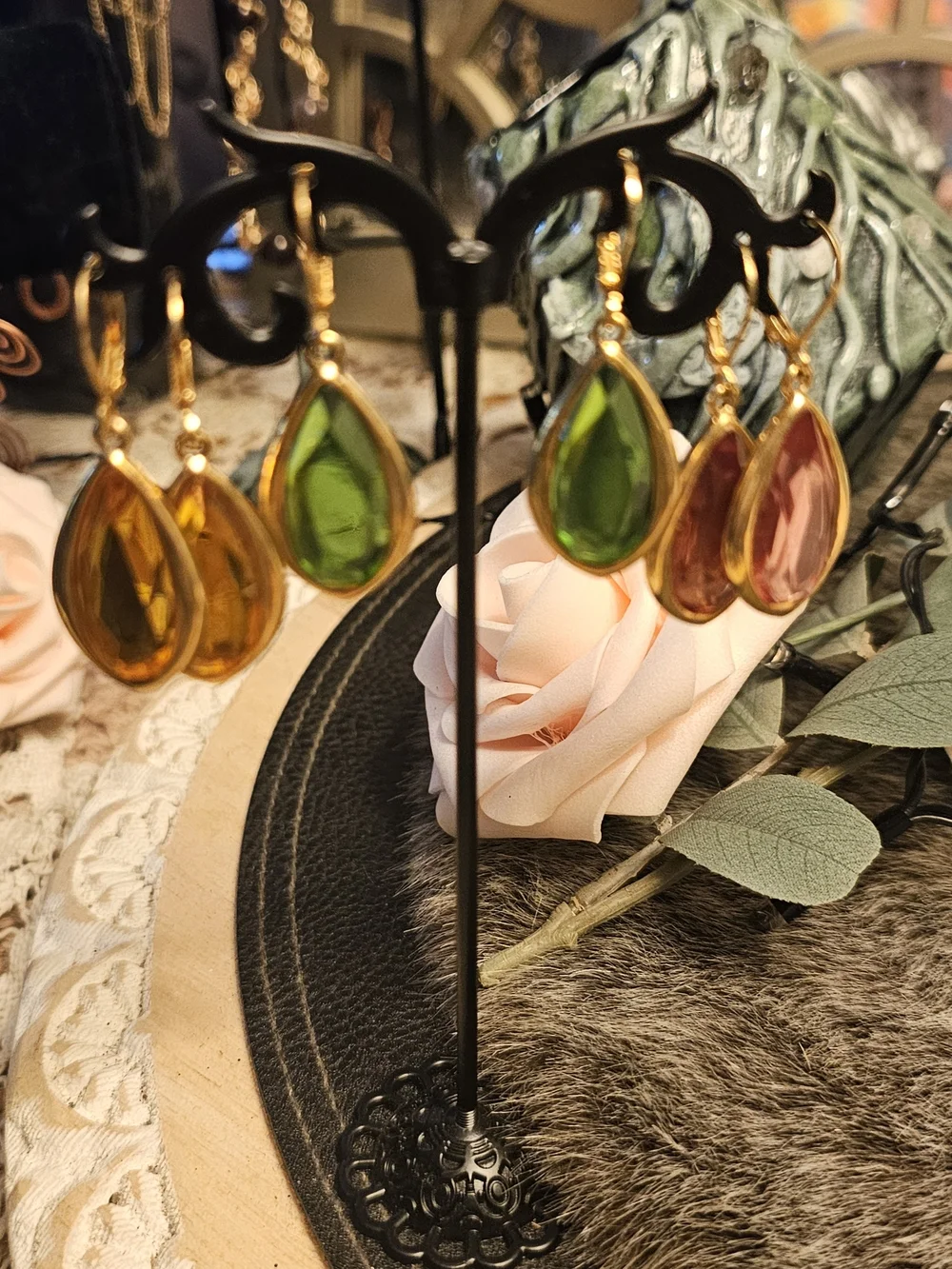 Vintage Coventry Gold Teardrop Glass Earrings in Amber, Green, and Pink  Set Of3